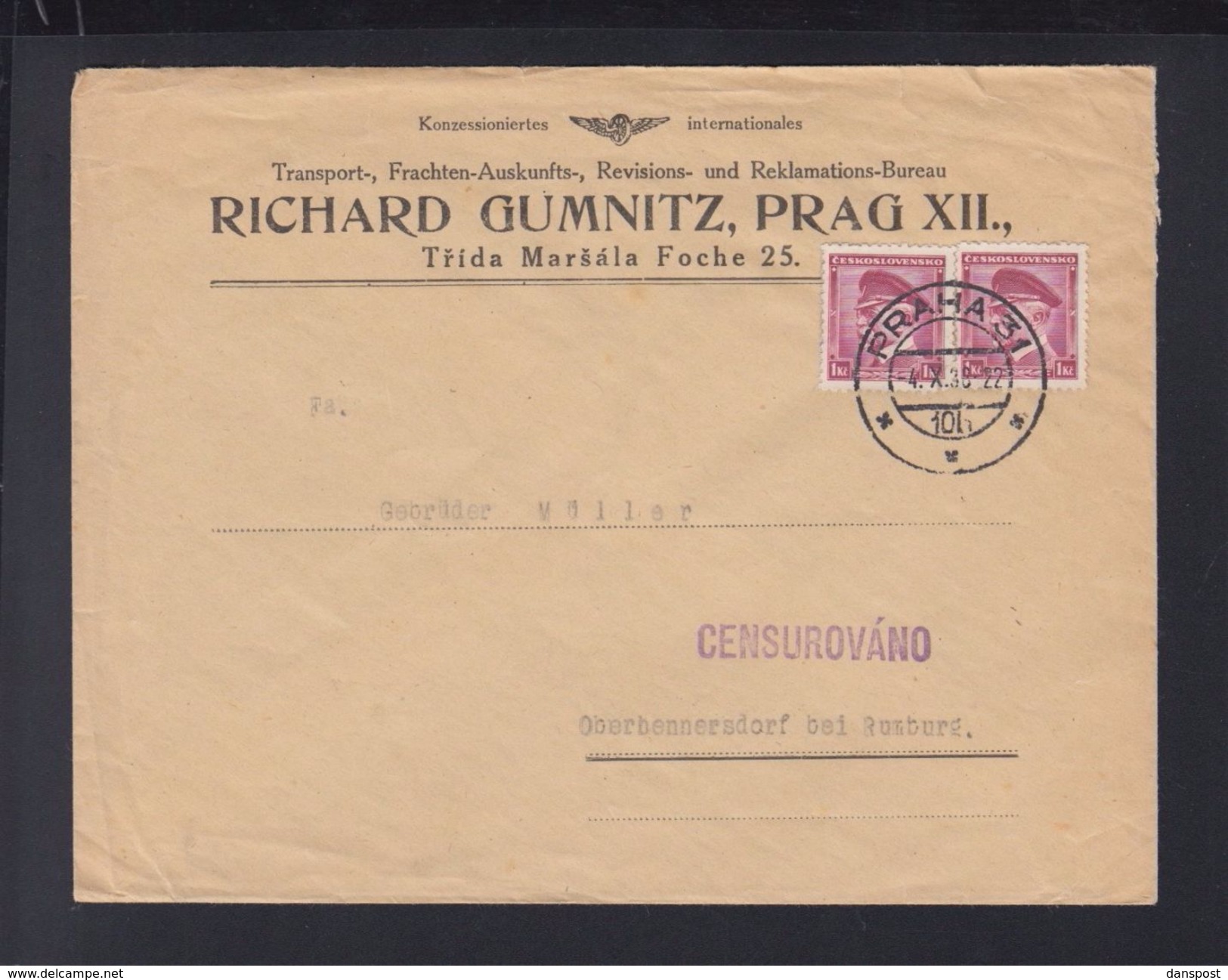 Tschechoslovakia Cover 1938 Prague To Sudetenland Censor - Covers & Documents