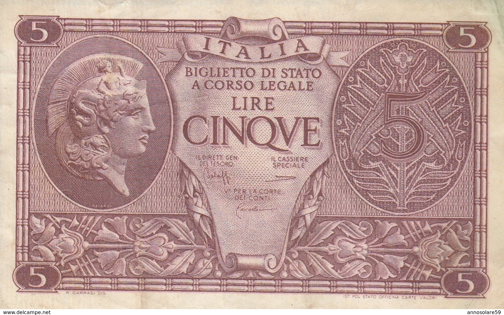 BANCONOTA 5 LIRE BIGLIETTO DI STATO ATENA ELMATA DECR 1944 - MB+++ - ORIGINALE 100% - LEGGI - Regno D'Italia – 5 Lire