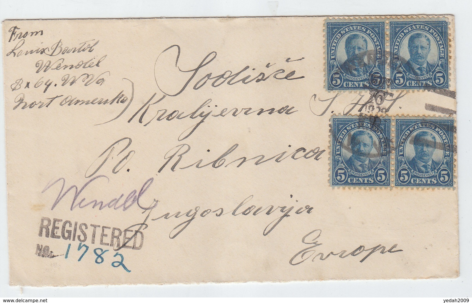 USA/Yugoslavia Wendel REGISTERED COVER 1929 - Marcofilia