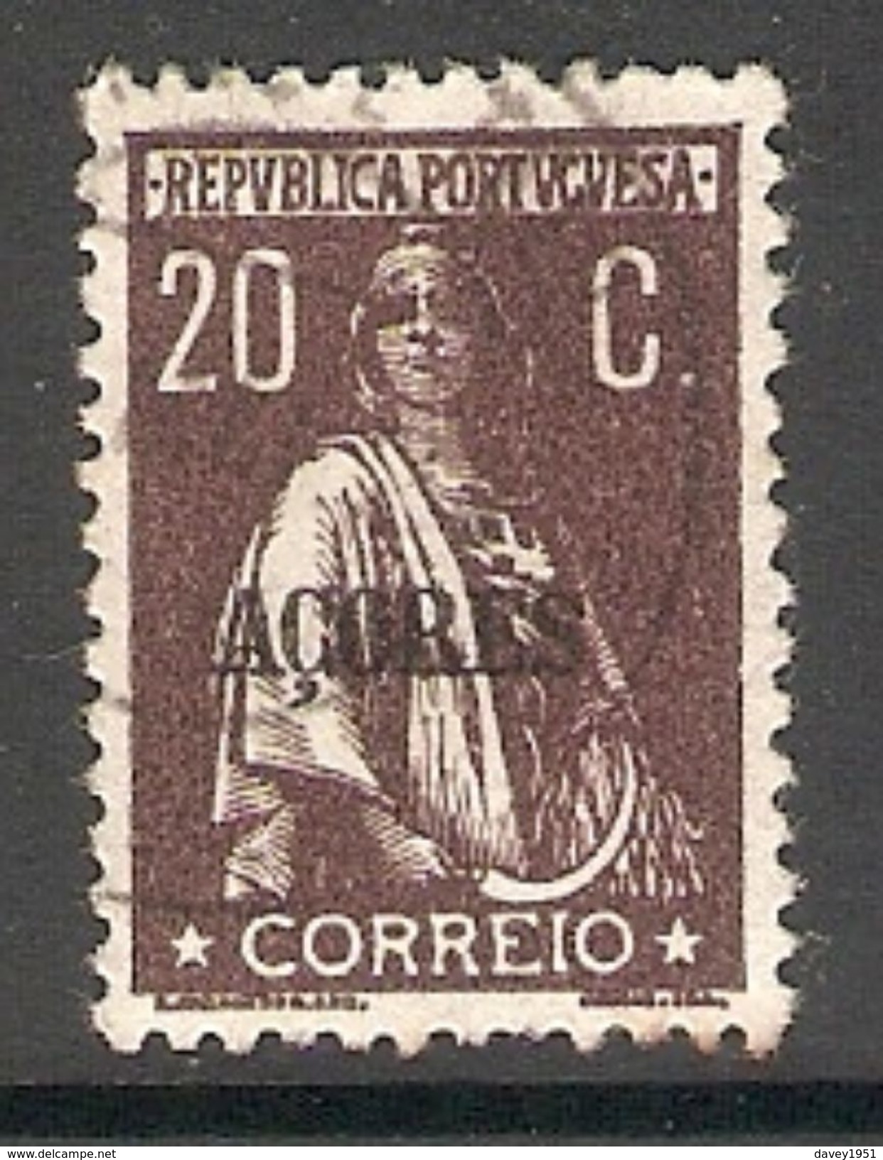 005557 Azores 1921 Ceres 20c FU Perf 12 X 11.5 - Azores