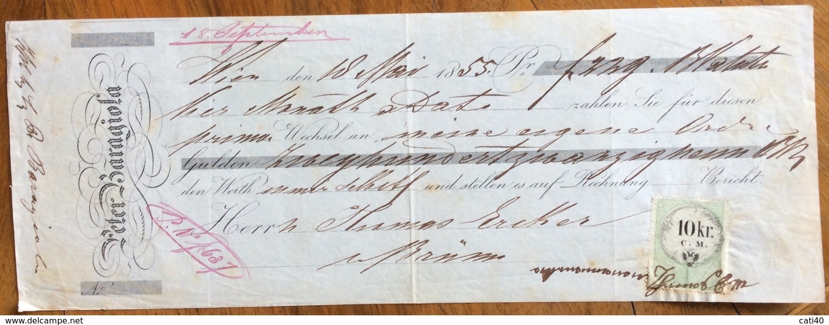 MARCA DA BOLLO AUSTRIA SU CAMBIALE PETER BARAGLIONA WIEN 1855 DI 239 FIORINI D'ORO CON FIRME AUTOGRAFE - Bills Of Exchange