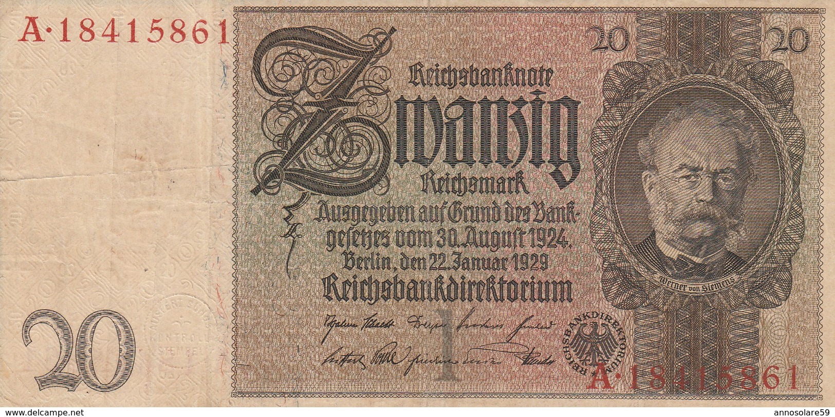 BANCONOTA GERMANIA 20 MARCHI BERLINO, REICH 1929 - LETTERA A - ORIGINALE 100% - LEGGI - 20 Mark