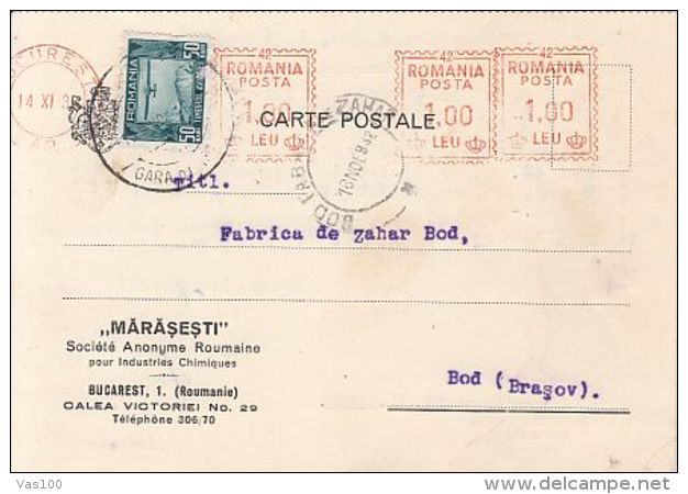 AVIATION, AMOUNT 1, BUCHAREST RED MACHINE STAMPS ON CHEMICAL FACTORY HEADER POSTCARD, 1932, ROMANIA - Lettres & Documents