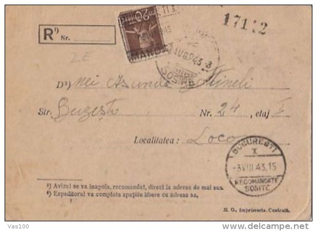 KING MICHAEL, STAMP ON REGISTERED POSTCARD, 1943, ROMANIA - Lettres & Documents