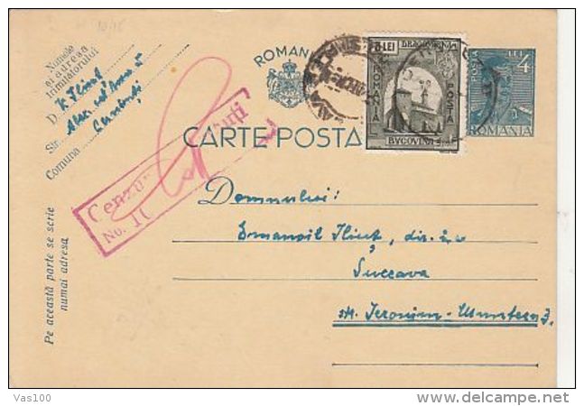 KING MICHAEL, BUKOVINA STAMPS, CENSORED CERNAUTI NR 100, WW2, PC STATIONERY, ENTIER POSTAL, 1941, ROMANIA - Storia Postale