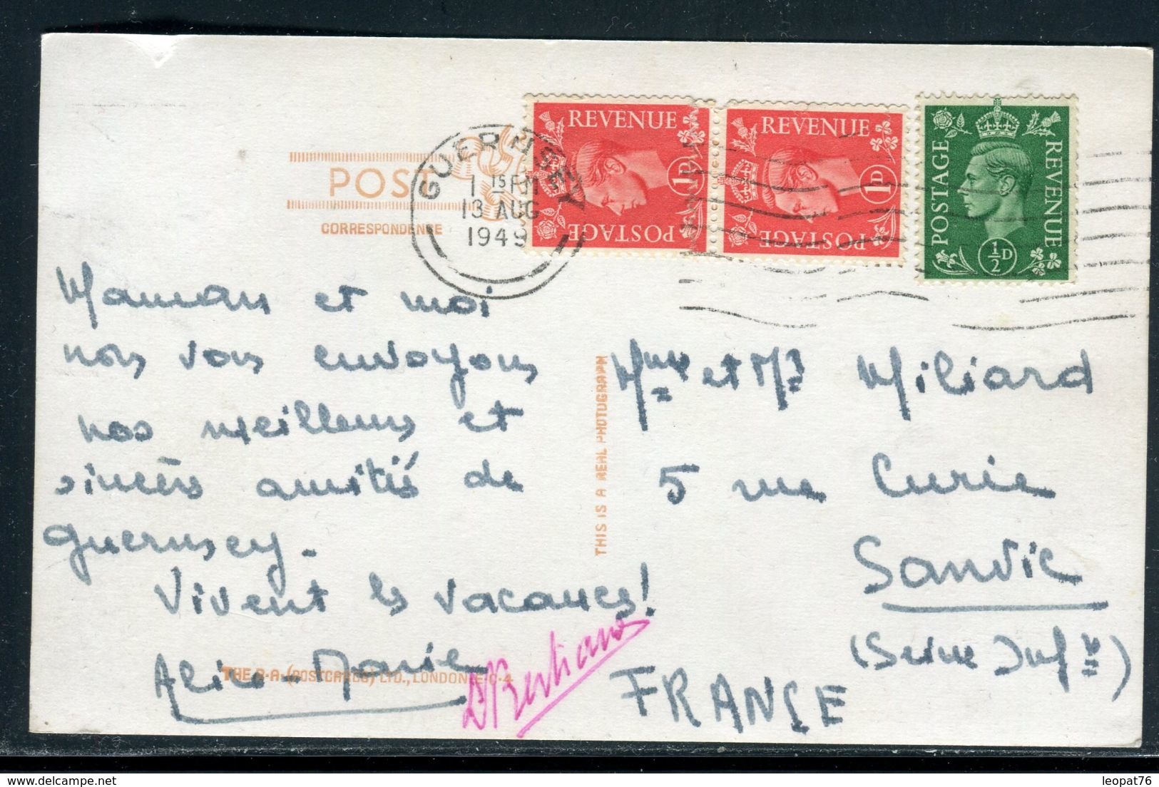 Guernesey - Oblitération De Guernesey Sur Carte Postale Pour La France En 1949 - Ref S73 - Guernesey