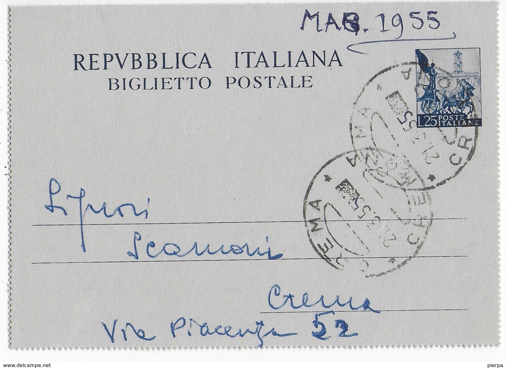 STORIA POSTALE REPUBBLICA - BIGLIETTO POSTALE QUADRIGA LIRE 25 DA CREMA 1955 - Entero Postal