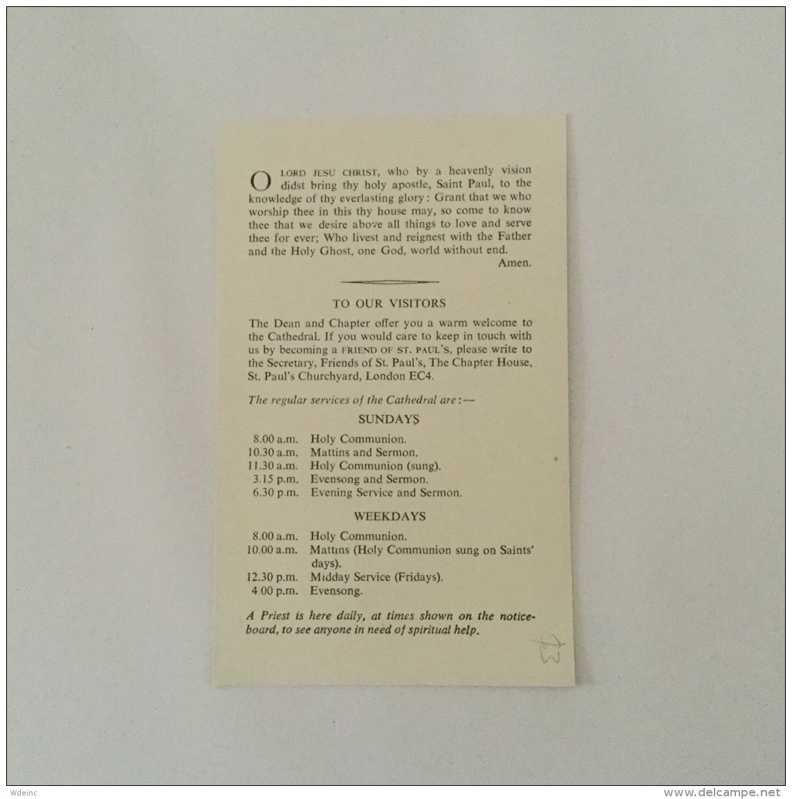 ST PAULS 1960s Card With Communion,Evensong Times Etc B/W - Europe