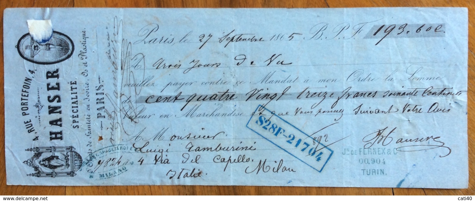 MARCA DA BOLLO V.E.II 15 C.SU CAMBIALE PARIS 1865 DI 193,60 FR,  DOCUMENTO  CON FIRME AUTOGRAFE - Cambiali