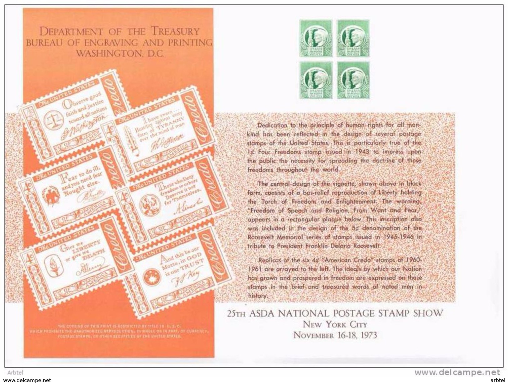 DERECHOS HUMANOS LIBERTAD 1973 ESTADOS UNIDOS TARJETA GRAN FORMATO EMITIDA POR EL CORREO LLEVA LOS SELLOS GRABADOS EN LA - Sonstige & Ohne Zuordnung