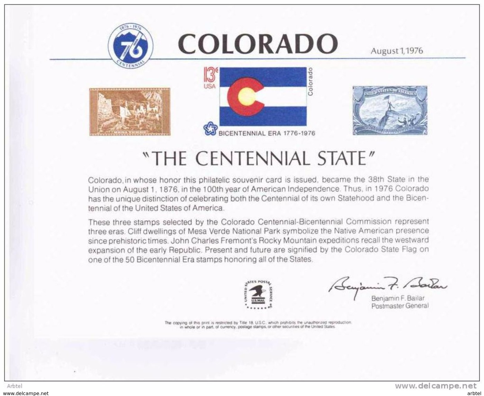 ESTADOS UNIDOS COLORADO BANDERA FLAG MESA VERDE MONTAÑAS ROCOSAS INDIGENAS TARJETA EMITIDA POR EL CORREO - Sellos