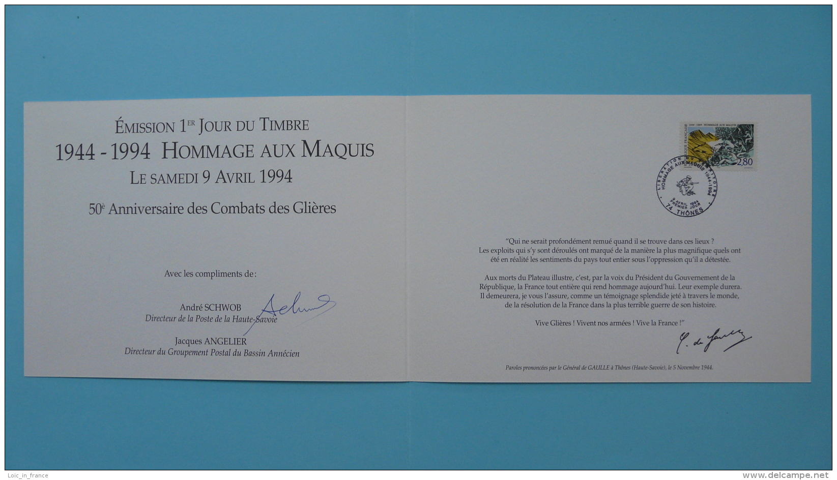 Encart FDC Folder Résistance Maquis Des Glieres 74 Haute Savoie 1994 - 2. Weltkrieg