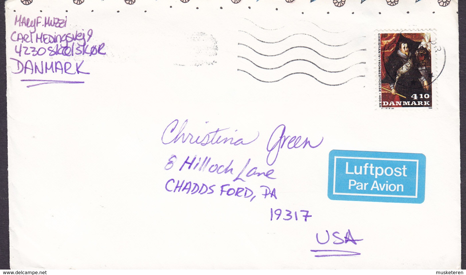 Denmark LUFTPOST Par Avion Label SKÆLSKØR 1988 Cover Brief CHADDS FORD, USA King König Christian IV. Stamp - Briefe U. Dokumente