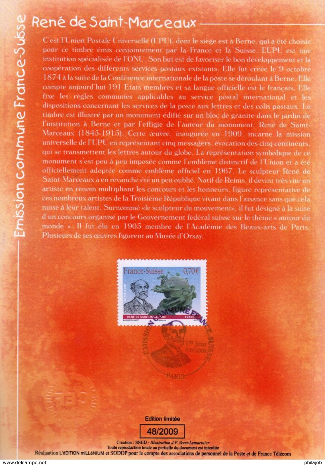 FRANCE 2009 : Encart 1er Jour " FRANCE - SUISSE / RENE DE SAINT-MARCEAUX ". N° YT 4393. Voir Les 2 Scans. - Gemeinschaftsausgaben