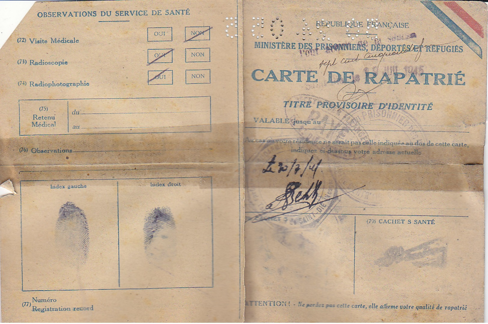 Ministère Des Prisonniers ,carte De Rapatrié ,1945 - Documenti