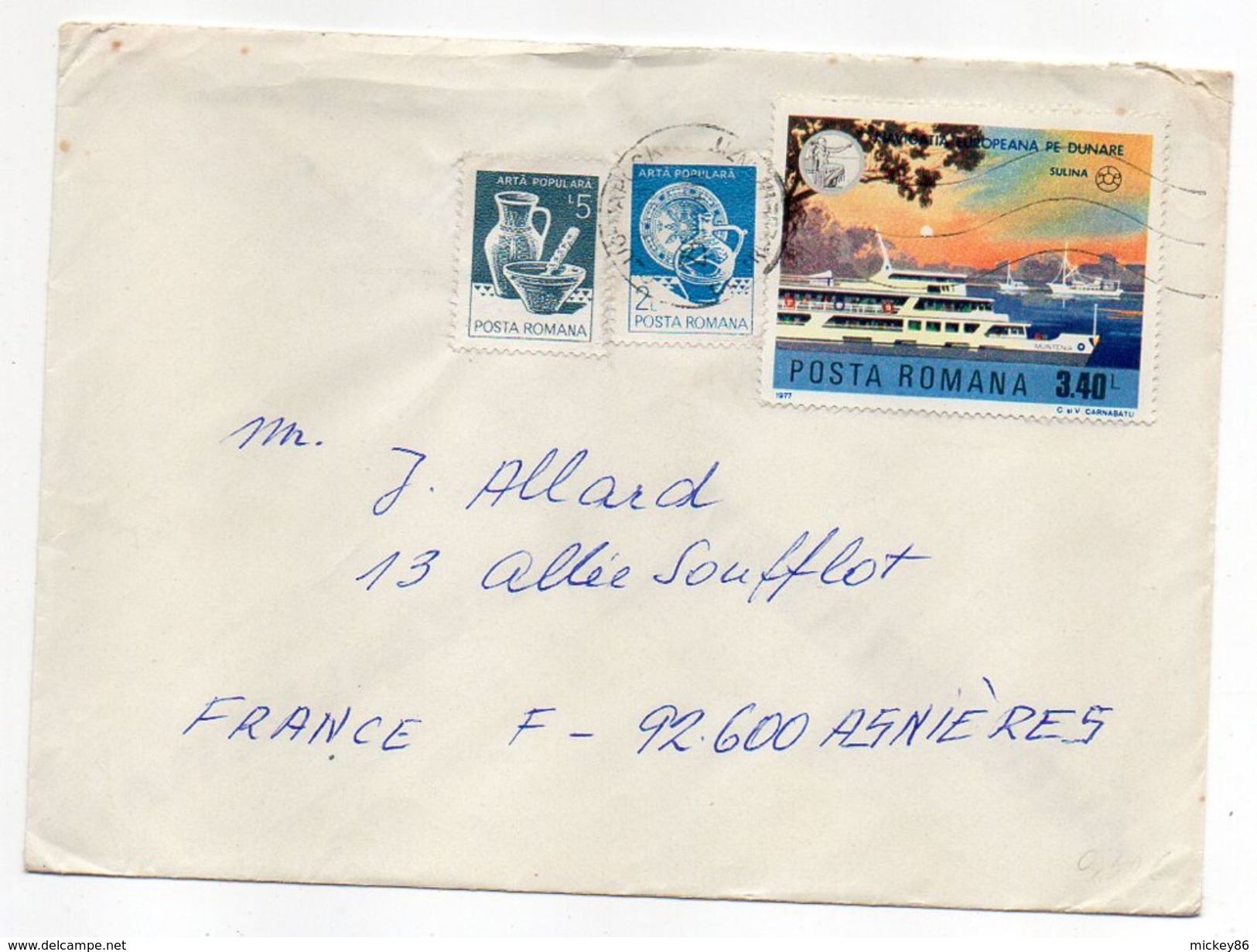 Roumanie-1977-Lettre De CLUJ-NAPOCA Pour ASNIERES-92(France) -Composition Timbres (bateau)-cachet CLUJ - Cartas & Documentos