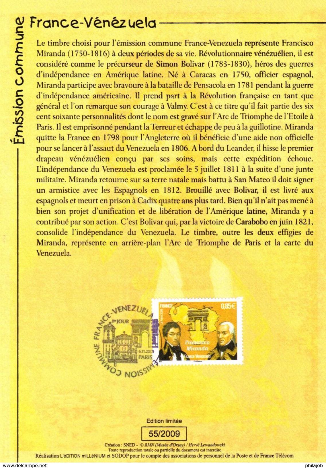 FRANCE 2009 : Encart 1er Jour " FRANCE - VENEZUELA / FRANCISCO VIRANDA ". N° YT 4408. Voir Les 2 Scans. - Emissions Communes