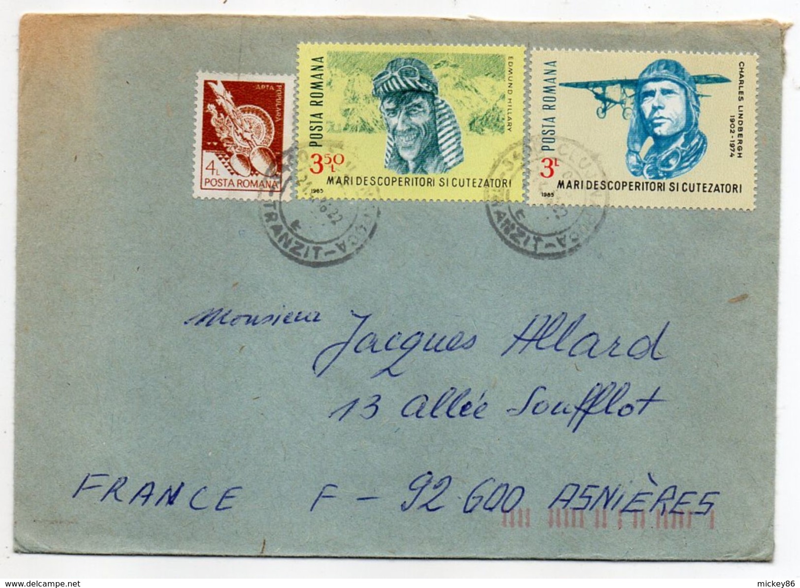 Roumanie-1986-Lettre De CLUJ-NAPOCA Pour ASNIERES-92(France)-Composition Timbres(aviateurs.Lindberg+Hillary)-cachet CLUJ - Briefe U. Dokumente