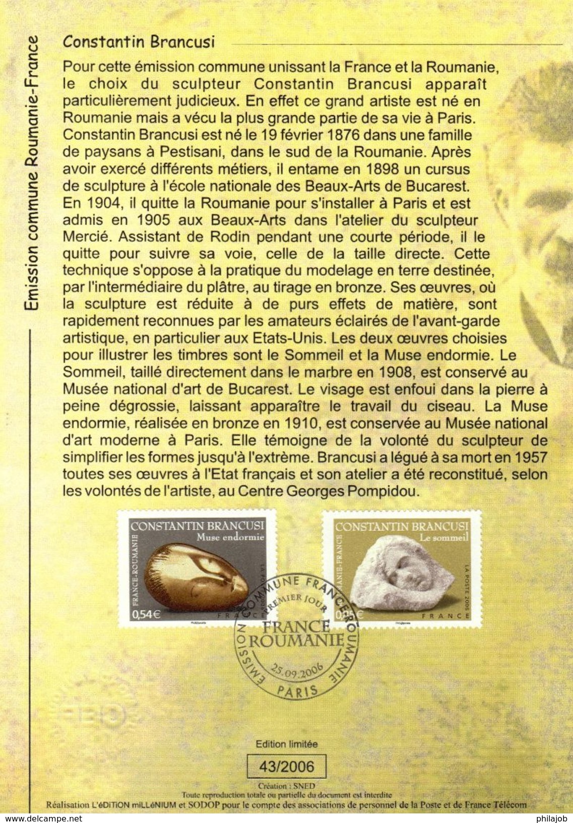 FRANCE 2006 : Encart 1er Jour " FRANCE - ROUMANIE ". N° YT 3963 3964. Voir Les 2 Scans. - Emissioni Congiunte