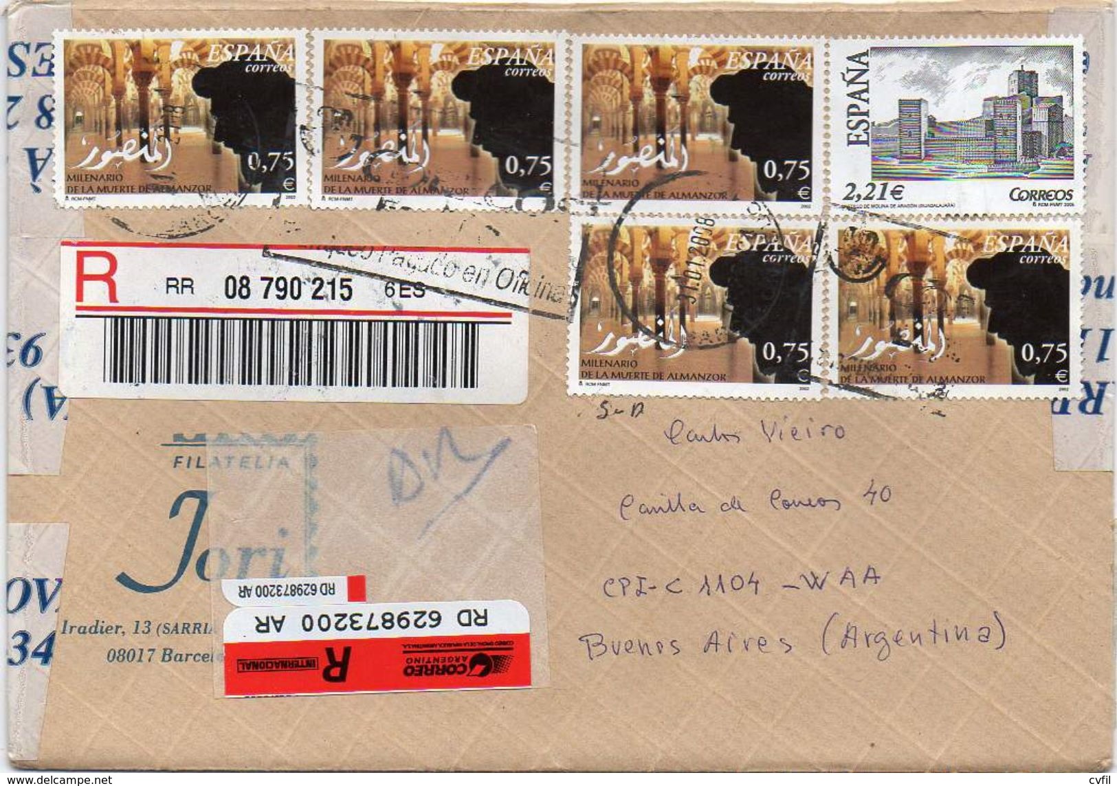 SPAIN / ESPAÑA 2008. Registered Air Cover From Barcelona To Buenos Aires - Storia Postale