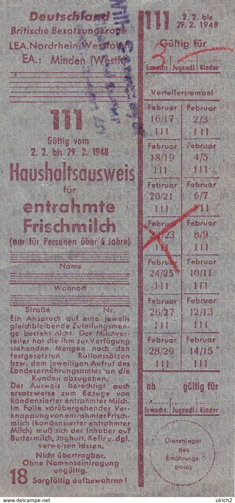 Haushaltsausweis Für Entrahmte Frischmilch - Deutschland - Britische Besatzungszone 1948 (30576) - Historische Dokumente