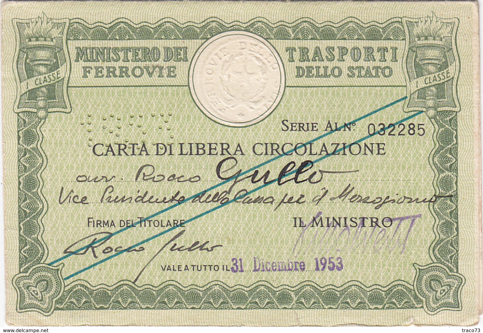 FERROVIE DELLO STATO / CARTA DI LIBERA CIRCOLAZIONE _ PERFIN 1953 - Europa