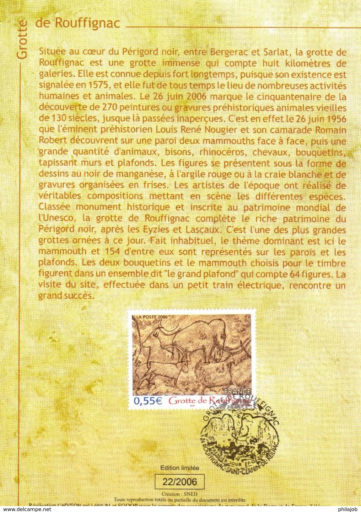 &#9989; FRANCE 2006 : Encart 1er Jour " GROTTE DE ROUFFIGNAC ". N° YT 3905. Voir Les 2 Scans. - Vor- Und Frühgeschichte