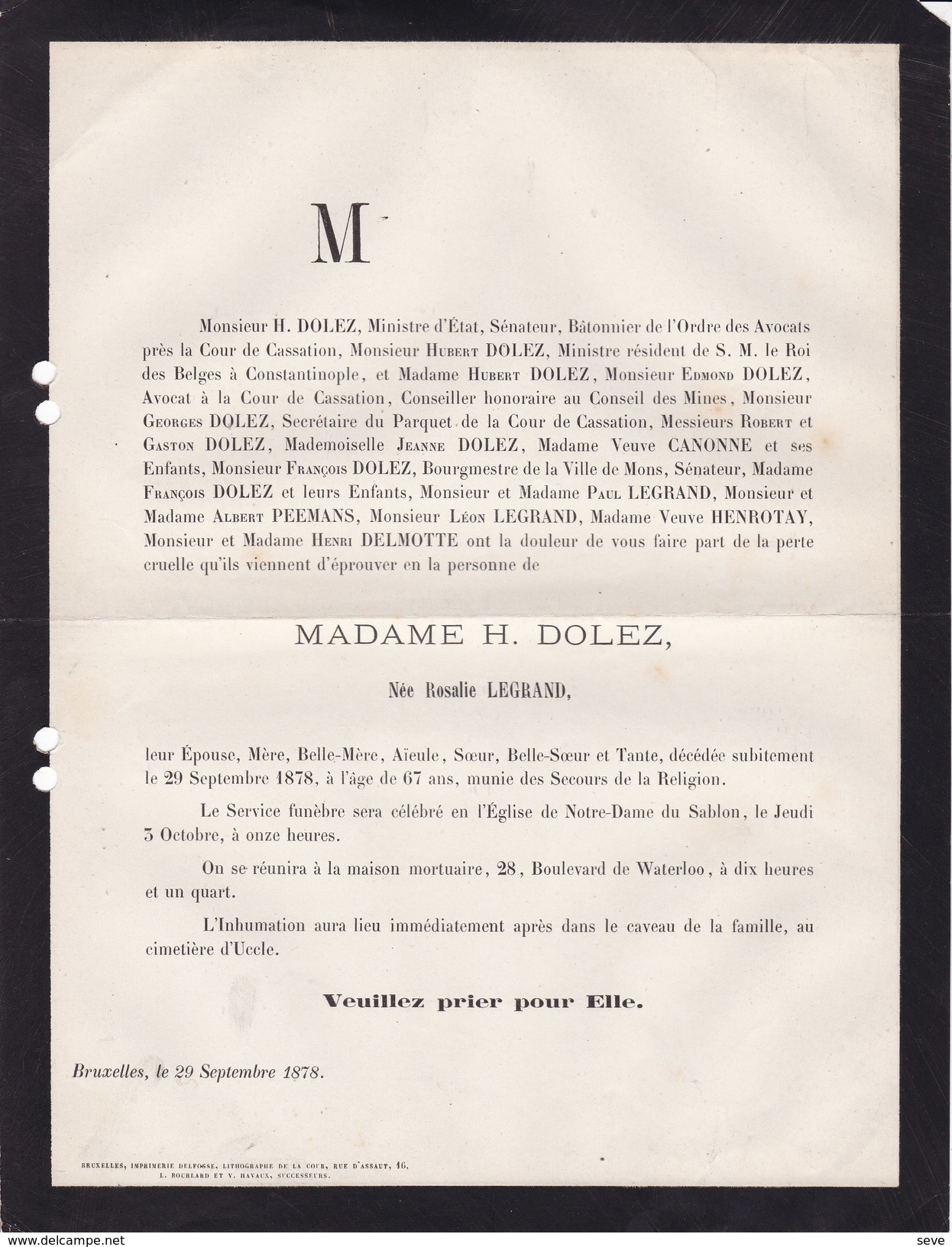 UCCLE Rosalie LEGRAND épouse Sénateur Ministre Hubert DOLEZ 67 Ans 1878 Faire-part Mortuaire CANONNE PEEMANS - Obituary Notices