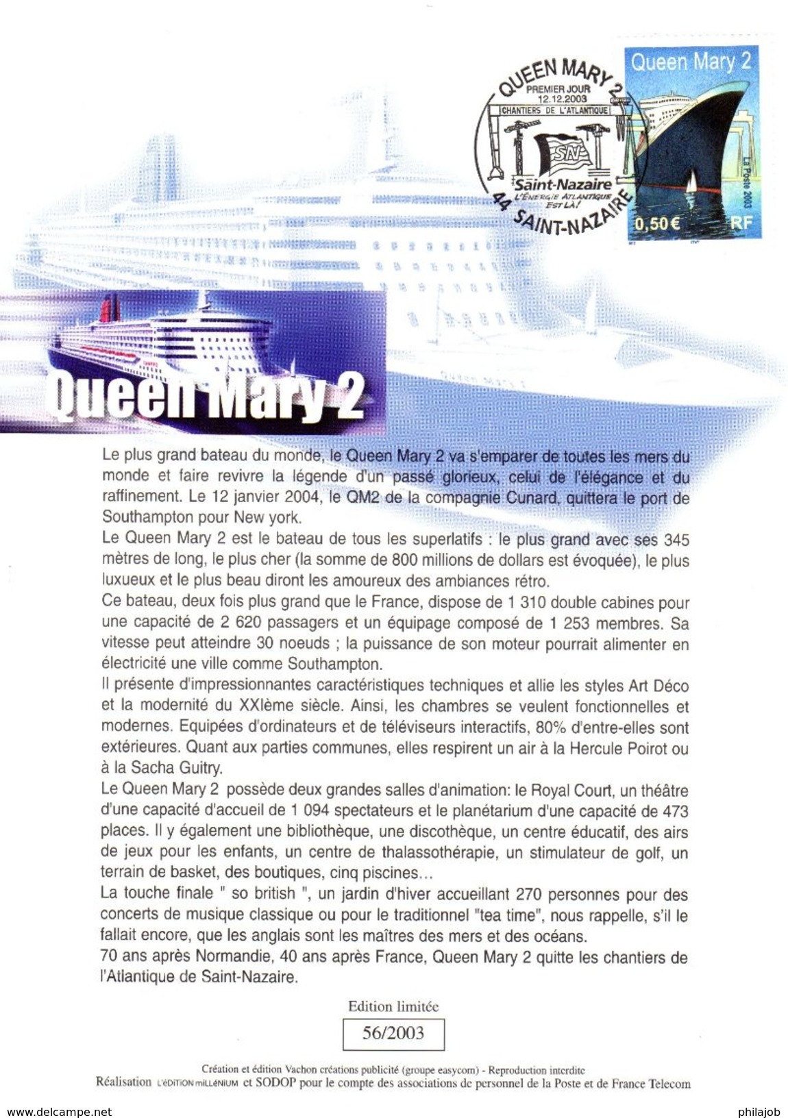 FRANCE 2003 : Encart 1er Jour " QUEEN MARY 2 " N° YT 3631. Voir Les 2 Scans. - Bateaux