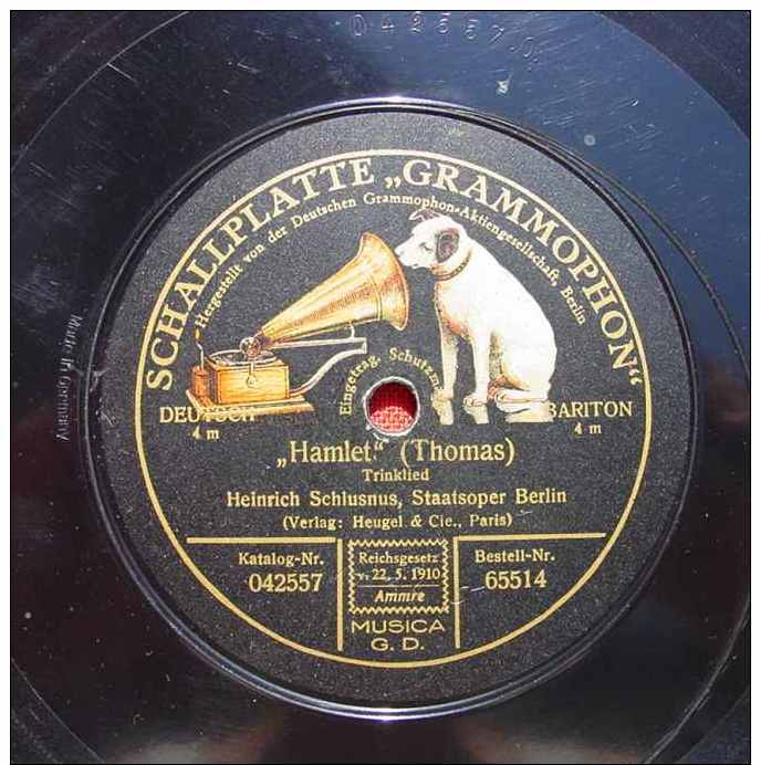 (2002305) Heinrich Schlusnus. "Hamlet" (Thomas) 'Trinklied' U. "Bajazzo" (Leoncavallo). Siehe Bitte Beschreibung U. Bi - 78 Rpm - Schellackplatten