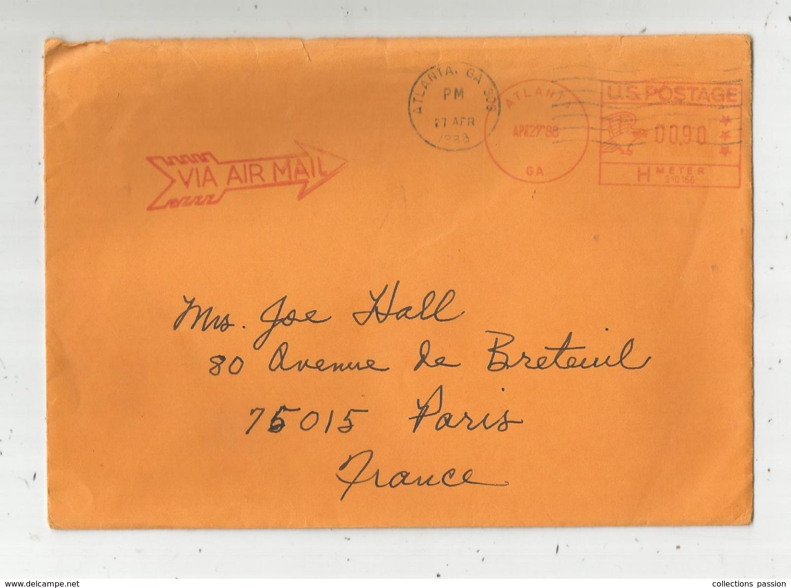 Lettre, ETATS UNIS , ATLANTA , 1988 , GA 303 , U.S. POSTAGE , 00,90 , Via Air Mail - Marcophilie