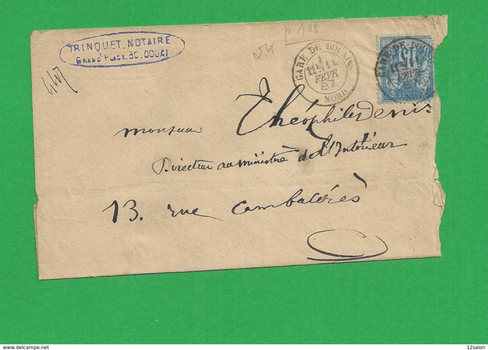 Lettre Sage 15 Centimes Obl Gare De Douai - 1877-1920: Semi Modern Period