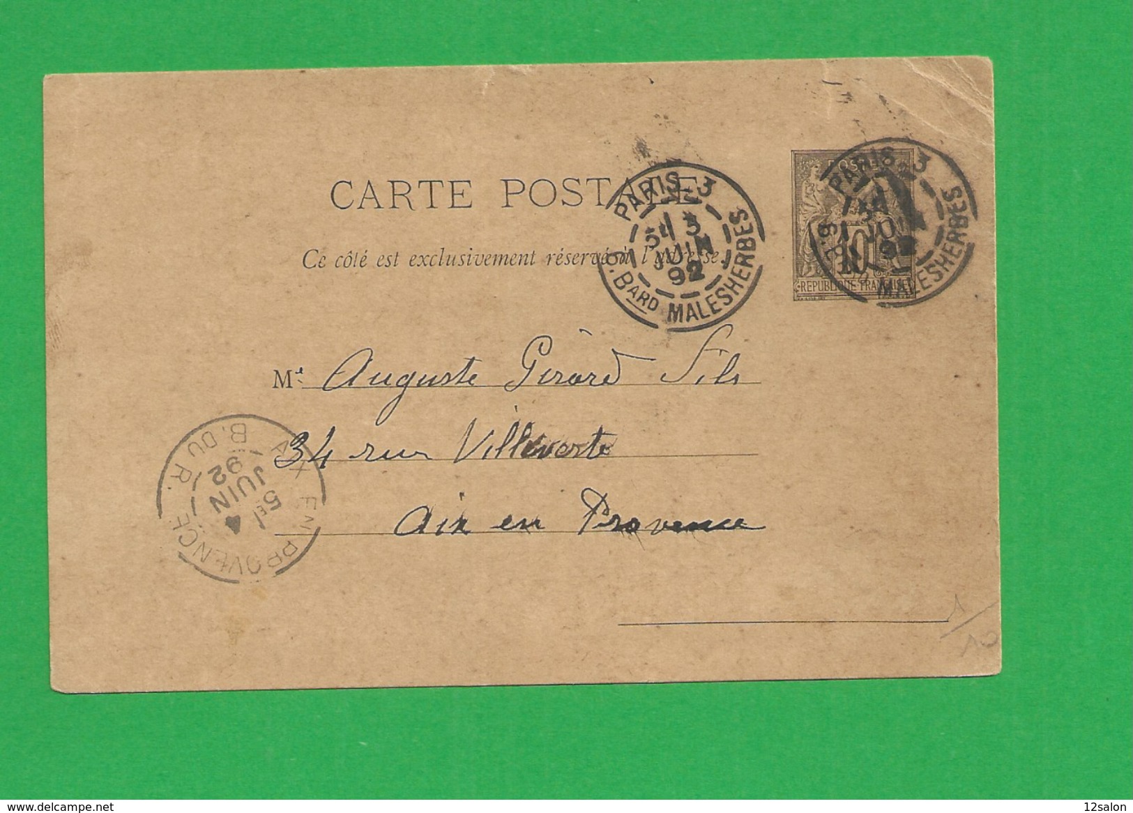 Carte Postale Entier Sage 10 Centimes Obl Paris - 1877-1920: Periodo Semi Moderno