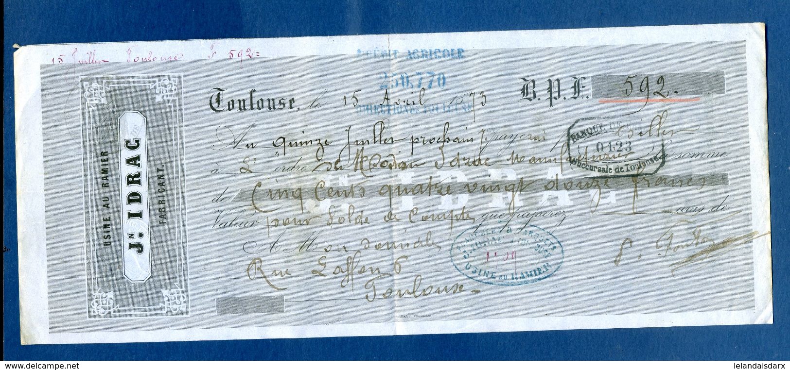 1873  Credit Agricole Toulouse à Usine Au Ramier Idrac Toulouse   Dossier Factures 9 - 1900 – 1949