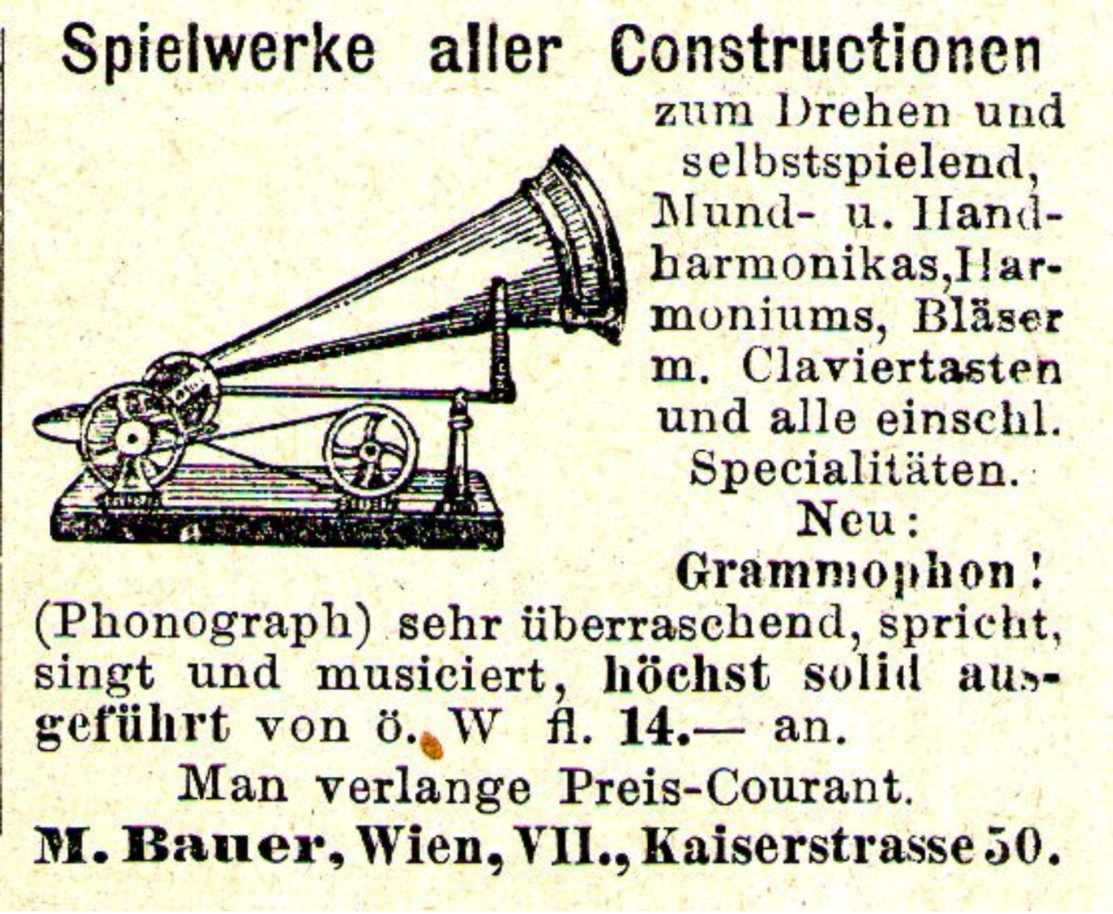 Original-Werbung/ Anzeige 1893 - SPIELWERKE / GRAMMOPHON (PHONOGRAPH) / BAUER - WIEN - Ca. 45 X 35 Mm - Publicités