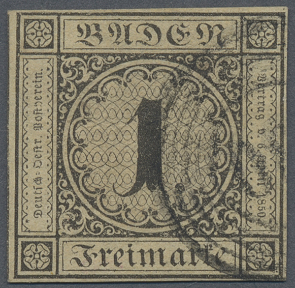 O Baden - Marken Und Briefe: 1851, 1 Kreuzer Schwarz/sämisch, Allseits Voll- Bis Breitrandig Geschnitt - Autres & Non Classés