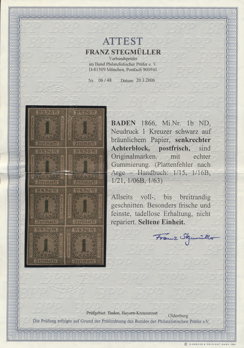 ** Baden - Marken Und Briefe: 1866, 1 Kr. Schwarz/rotbraun, Neudruck, Allseits Außerordentlich Breitran - Autres & Non Classés