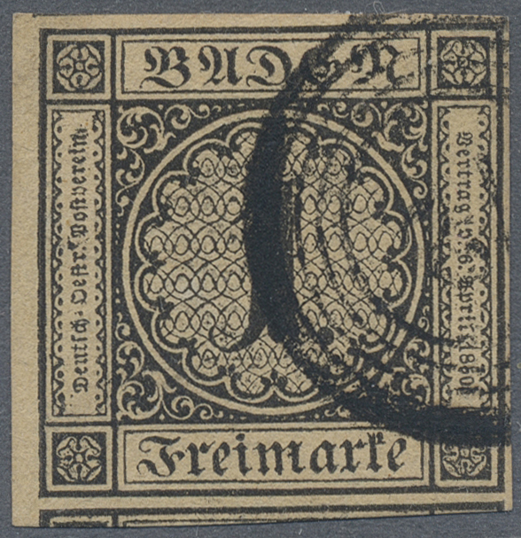 O Baden - Marken Und Briefe: 1851, 1 Kreuzer Gestempelt Vom Bogenrand Links Mit Kurzbefund Brettl BPP - Andere & Zonder Classificatie