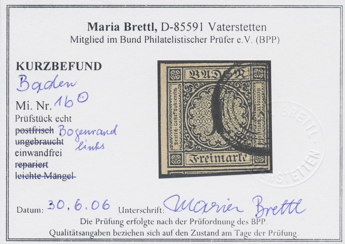 O Baden - Marken Und Briefe: 1851, 1 Kreuzer Gestempelt Vom Bogenrand Links Mit Kurzbefund Brettl BPP - Autres & Non Classés