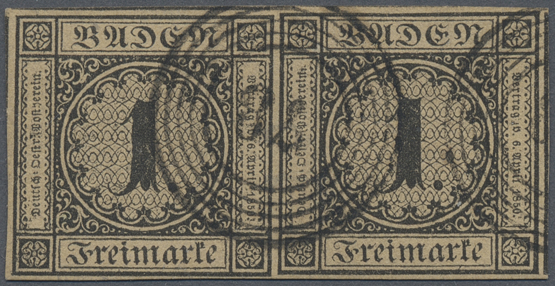O Baden - Marken Und Briefe: 1851, 1 Kr. Schwarz Auf Braun Im Waagerechten Paar Mit Nummern-Stempel "7 - Other & Unclassified