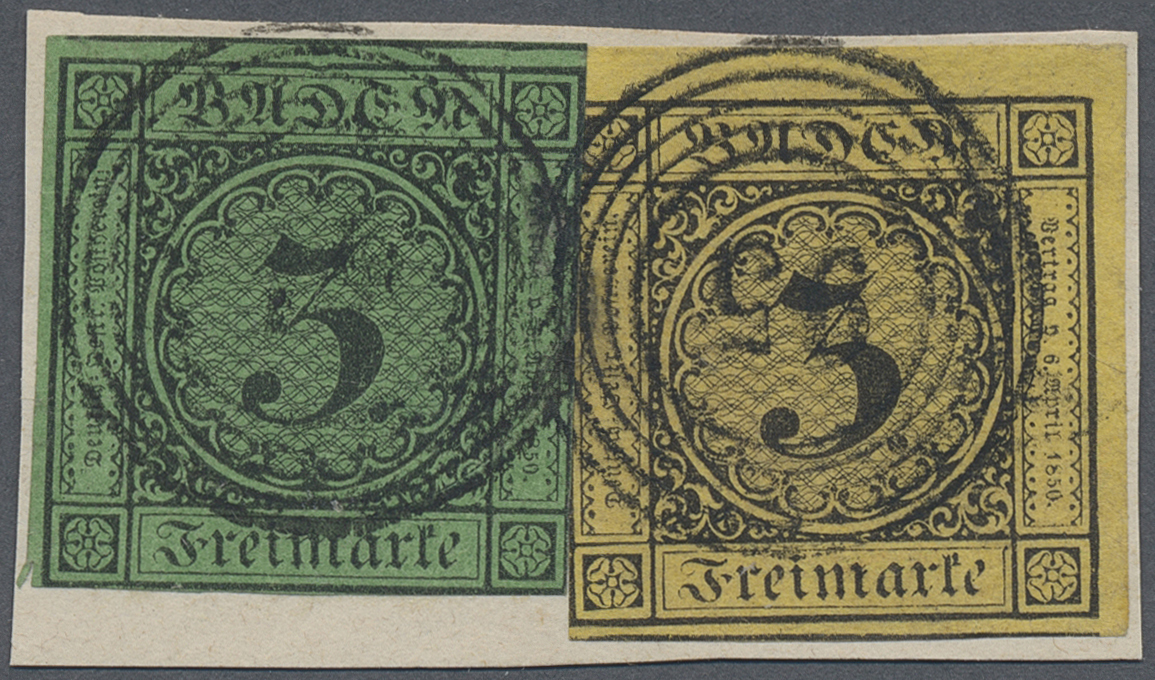 Brfst Baden - Marken Und Briefe: 1851, 3 Kr. Schwarz Auf Gelb, 2. Auflage Aus Der R.o. Bogenecke Zusammen - Andere & Zonder Classificatie