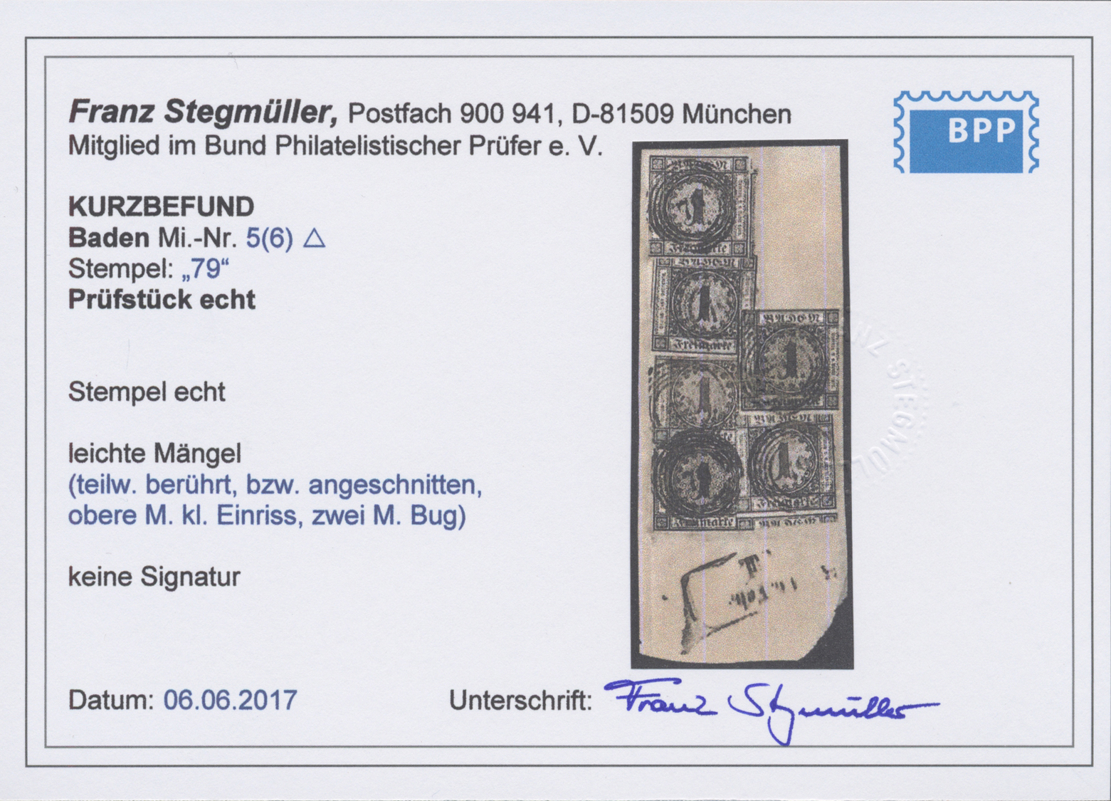 Brfst Baden - Marken Und Briefe: 1853, 1 Kr. Schwarz Auf Weiß, 6 Exemplare Mit Div. Mängeln Sauberer Numme - Other & Unclassified