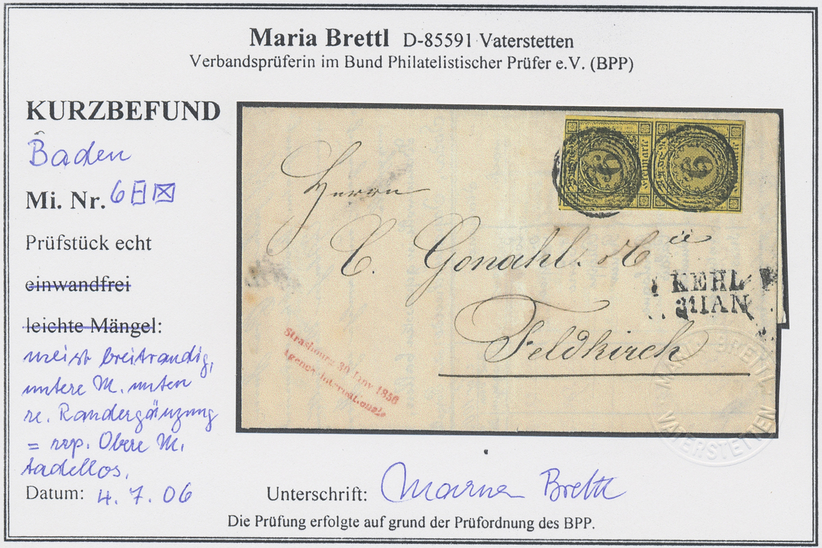 Br Baden - Marken Und Briefe: 1854, 6 Kreuzer Schwarz Auf Gelb Im Senkrechten Paar Mit Nr.-St. "68" Und - Andere & Zonder Classificatie