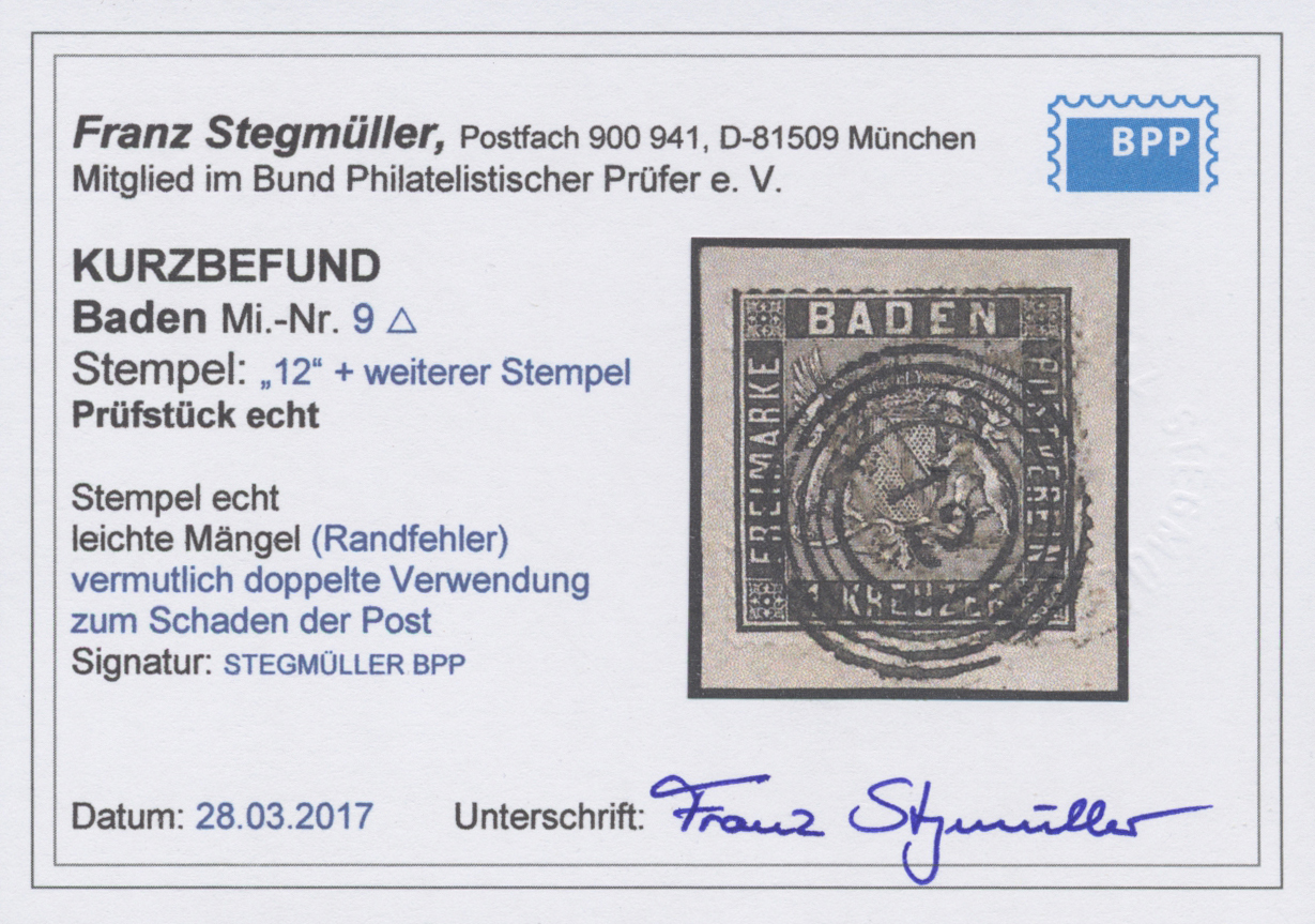 Brfst Baden - Marken Und Briefe: 1860, 1 Kr. Schwarz, Prachtvolles Exemplar In Fehlerhafter Zähnung. Zarte - Andere & Zonder Classificatie