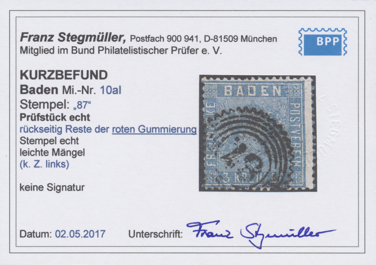 O Baden - Marken Und Briefe: 1860, 3 Kreuzer Lebhaftpreußischblau Mit Resten ROTER GUMMIERUNG, Gestemp - Other & Unclassified