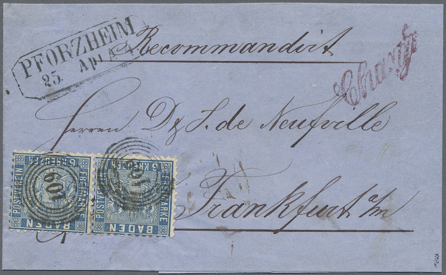 Br Baden - Marken Und Briefe: 1862, 6 Kr. Ultramarin Im Waagerechten Paar Mit Ra2 "PFORZHEIM 25.APR. (. - Andere & Zonder Classificatie