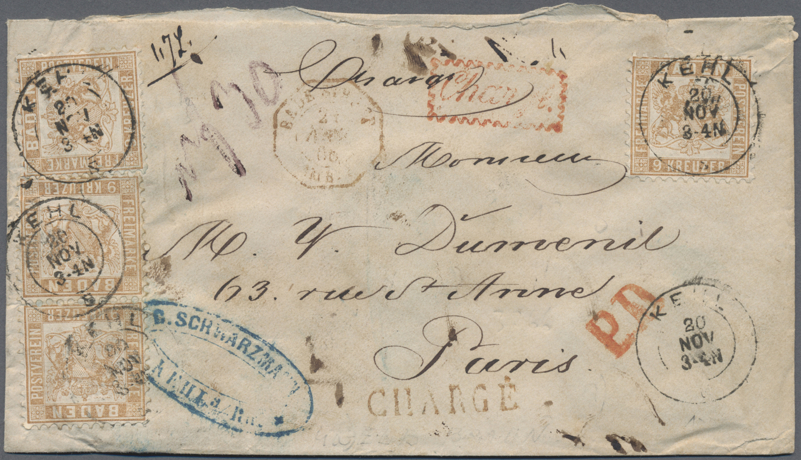 Br Baden - Marken Und Briefe: 1866. Charge-Brief Aus KEHL 10 NOV, Frankiert Mit 4x 9 Kr Braun, übergehe - Other & Unclassified