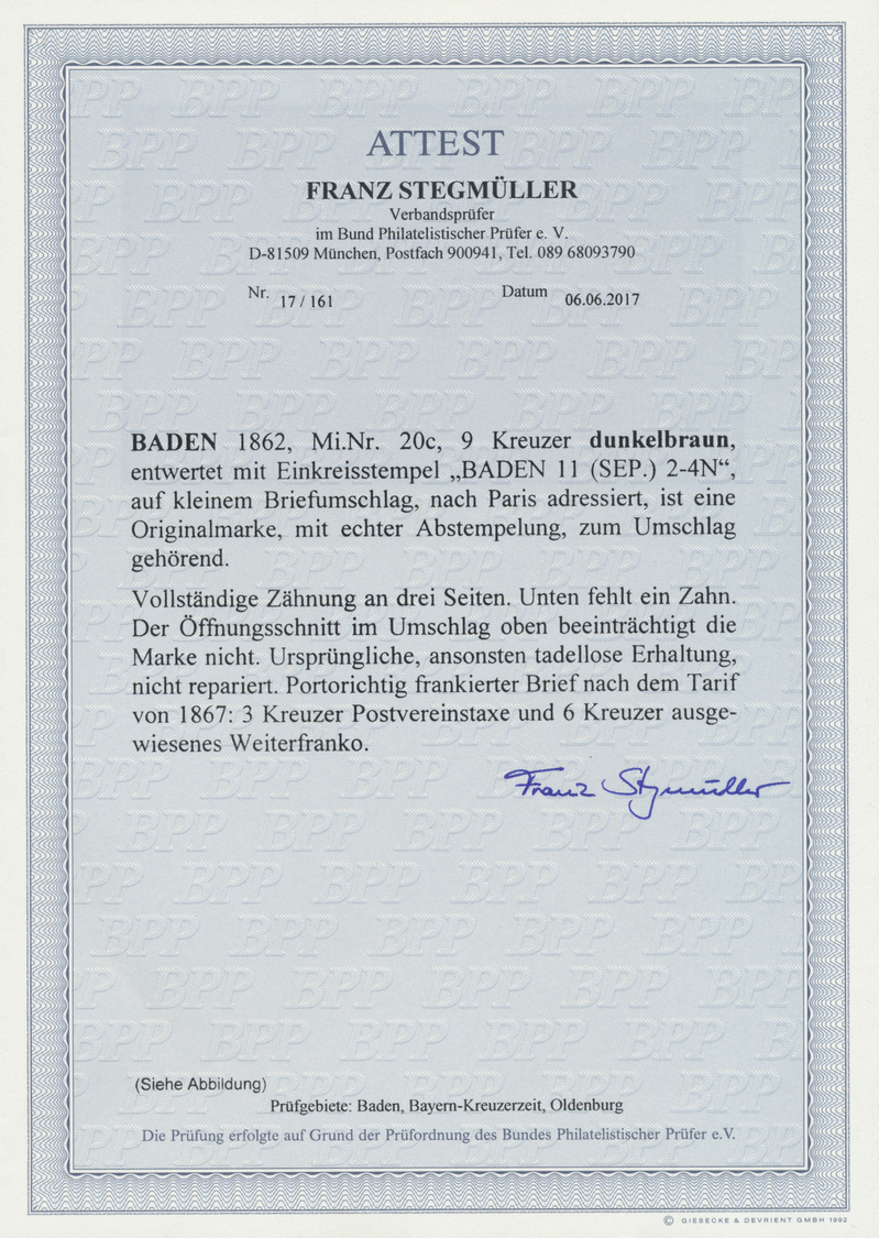Br Baden - Marken Und Briefe: 1866, 9 Kr. Dunkelbraun, Seltenste Farbe. Farbfrisches Prachtvolles Exemp - Other & Unclassified