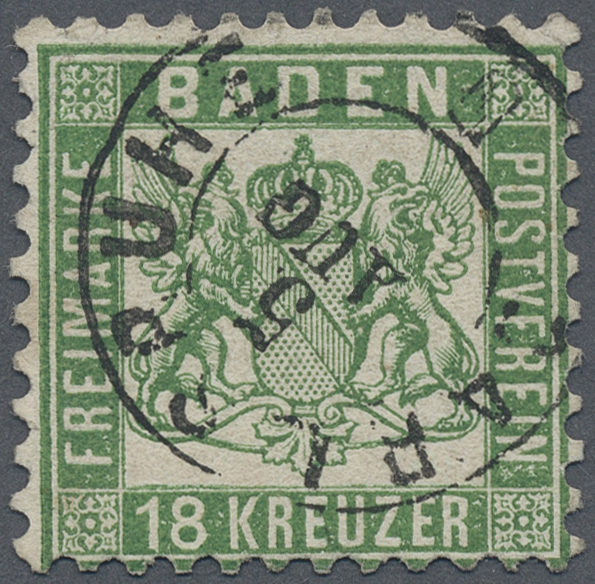 O Baden - Marken Und Briefe: 1862, 18 Kr. Grün Mit K2 &bdquo;KARLSRUHE 5 AUG&rdquo;, Linke Obere Ecke Repariert, S - Andere & Zonder Classificatie