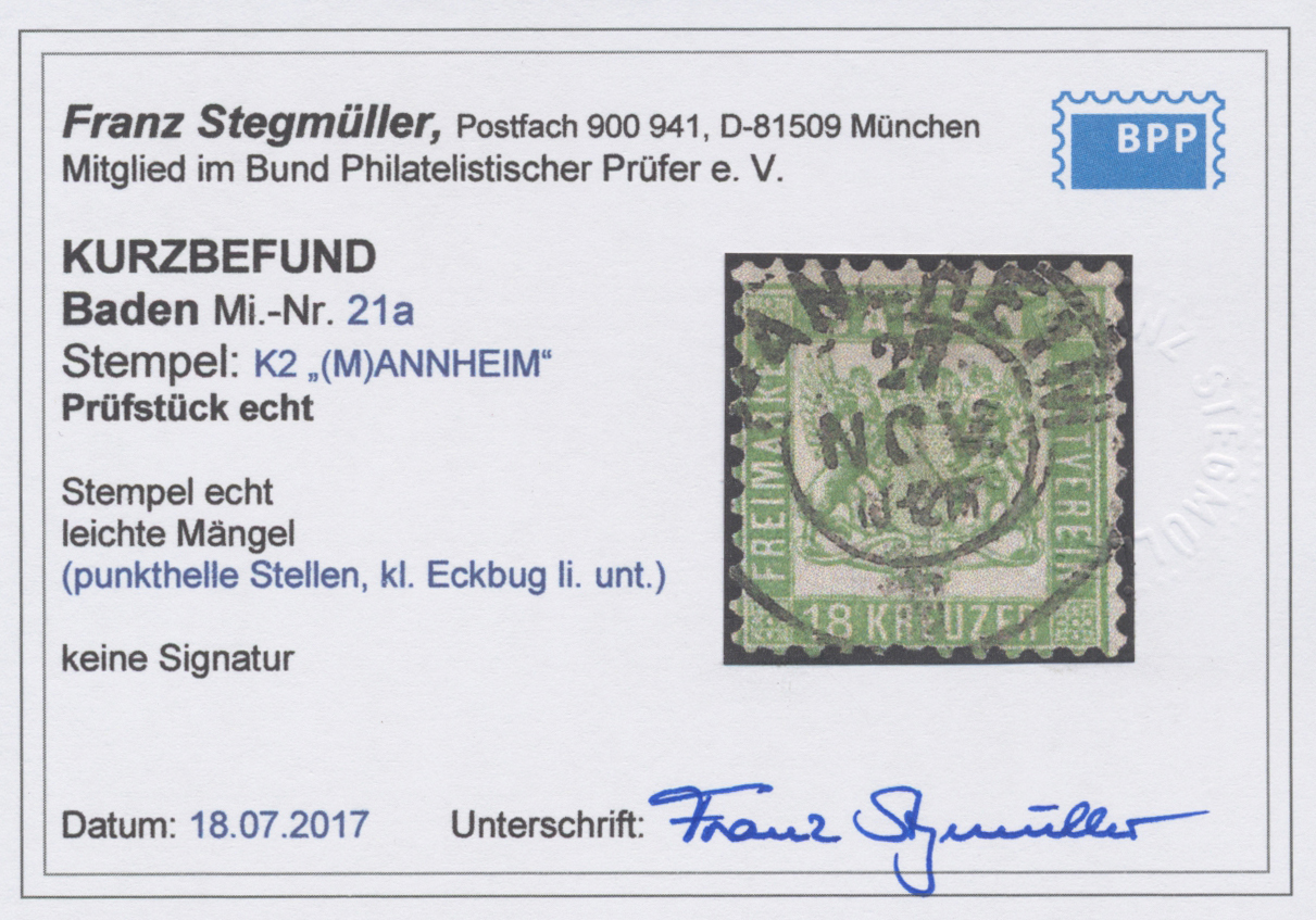 O Baden - Marken Und Briefe: 1862, 18 Kr. Grün Mit Klarem DKr. "MANNHEIM 27.NOV., Gut Gezähnt Mit Klei - Andere & Zonder Classificatie